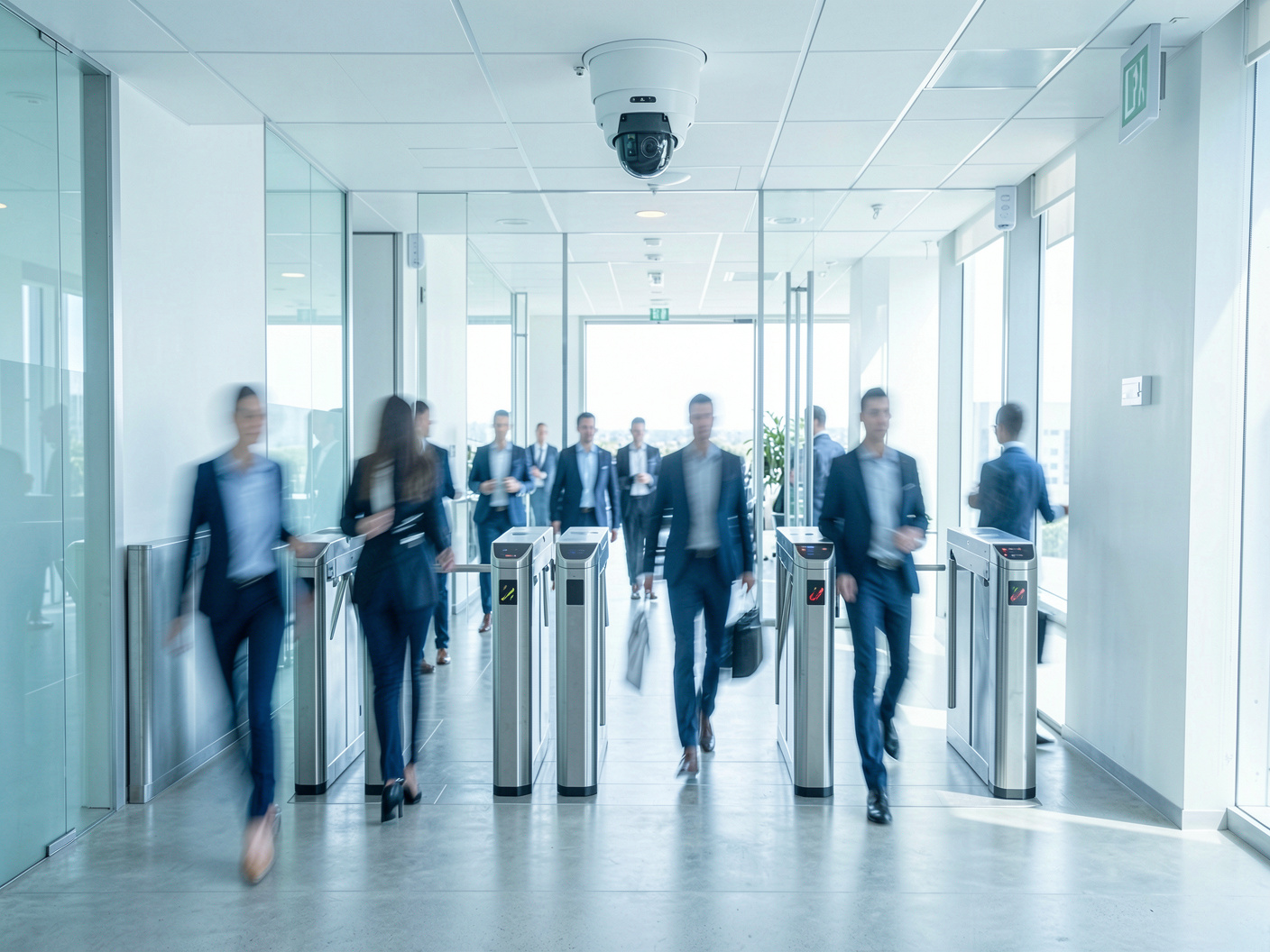 People passing office speed gates under a ceiling camera
