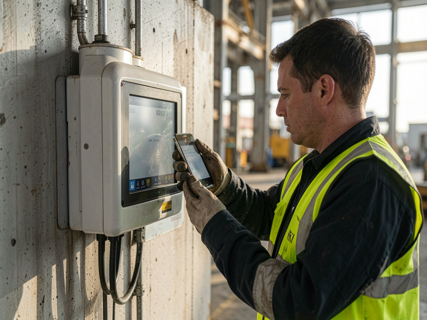 A worker scanning a phone at a plant entrance terminal