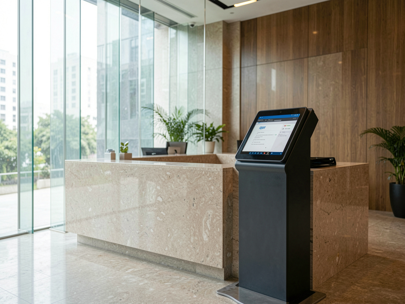 Corporate reception with a visitor check-in kiosk