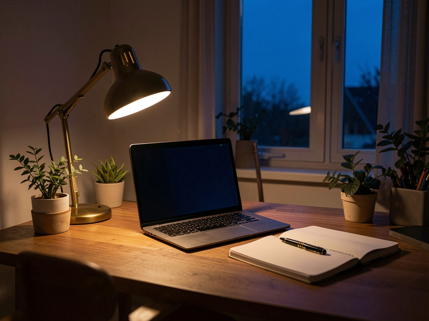 Home office desk with laptop under a warm desk lamp